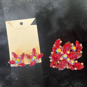 Vintage Signed Garne Jewelry Ruby Red and luminescent gem Brooch and Earring set